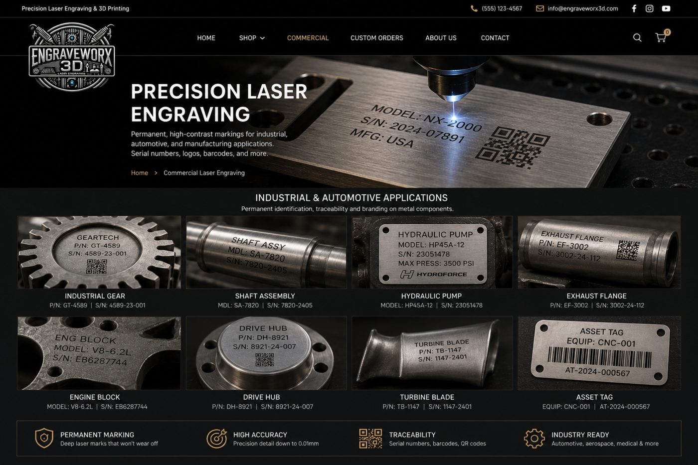Commercial laser engraving on industrial products with serial numbers and model names